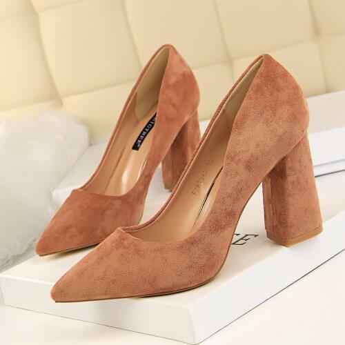 New Arrival Concise Square Heel Office Shoe Women Flock Soft Leather Pointed Pumps Spring Autumn Shallow Ladies High Heels Shoes