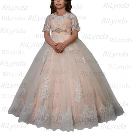 New First Communion Dresses for Girls Champagne O-neck Sleeveless Ball Gown Lace Appliques Flower Girl Dresses for Weddings