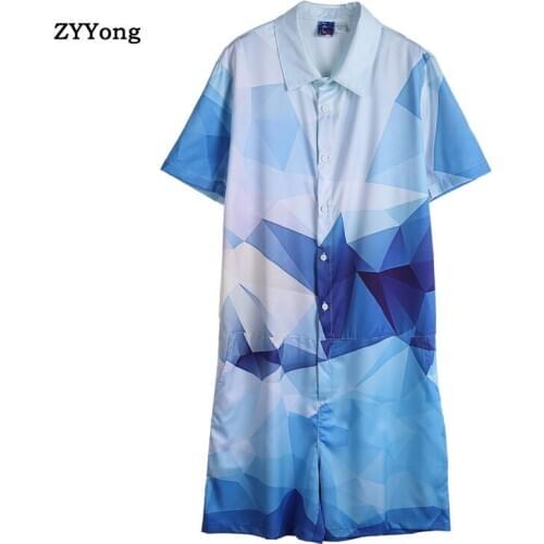 Mens Wear 2020 Summer Geometric Pattern Beach Mens Half Sleeve Shorts Overalls For Male Tide New Clothes