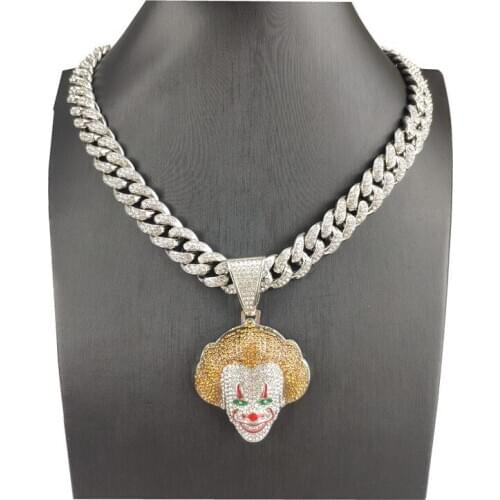 Cubic Zircon Gothic Clown Pendant With Iced Out Cuban Link Chain MenS Hip Hop Joker Necklace Party Jewelry Accessories