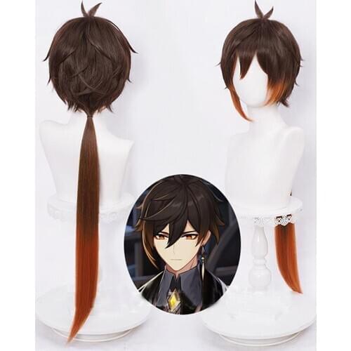 Anime Genshin Impact Zhongli Cosplay Wig 90cm Long Straight Ponytail Gradient Brown Heat Resistant Hair + Wig Cap