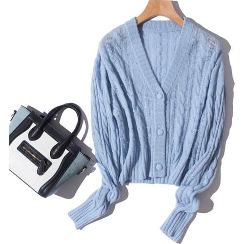 Wool Blend 2021 Womens Cable With Beading On Front Body V-Neck Button Short Cardigan