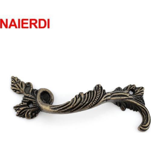 NAIERDI Antique Furniture Handles Leaves Striped Carved Handle Drawer Door Knobs Jewelry Box Bronze Cabinet Pulls Cupboard Wood