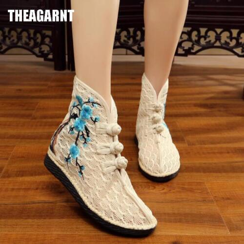 THEAGRANT 2018 Lace Canvas Women Boots Spring Summer Breathable High Top Vintage Ankle Boots Embroidered Sneakers WBS3001