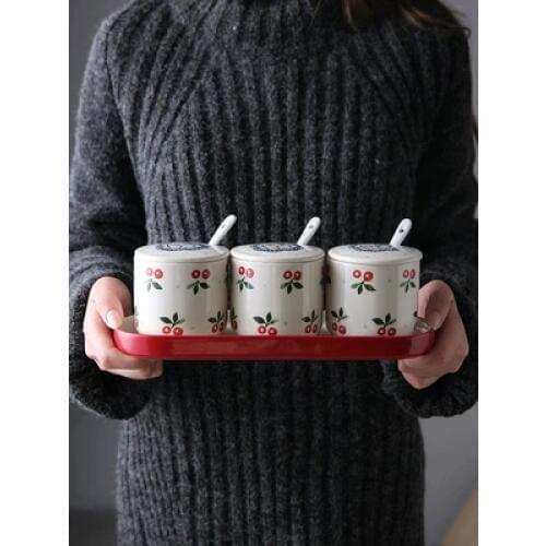 Cherry ceramic seasoning jars condiments box kitchen supplies household drain knife and fork ceramic cylinder