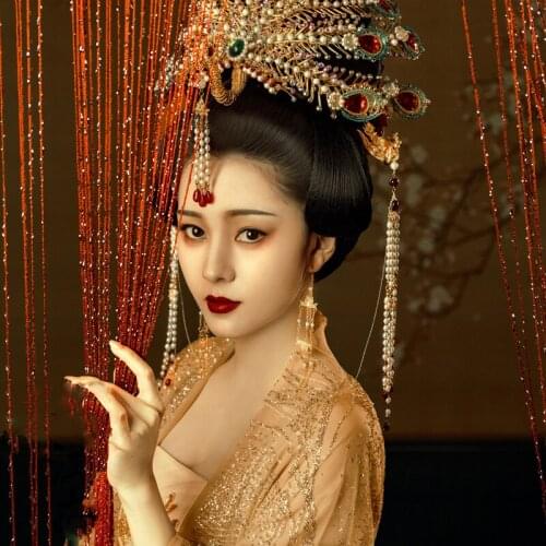 WYJN Tang Empress Gorgeous Full Embroidery Blue Costume Long Tailed Official Occasion Princess Hanfu Stage Show Photography