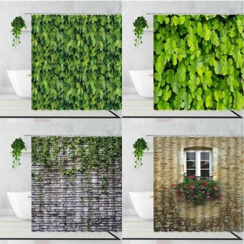 Green Vine Leaf Shower Curtains Retro Brick Wall Plants Bathroom Decor Accessories Bath Curtain Polyester Waterproof With Hooks