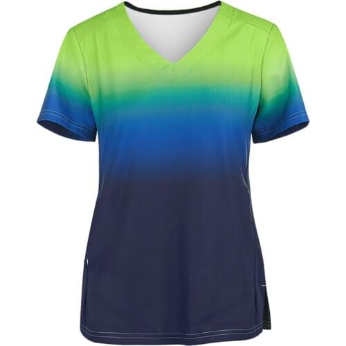 2021 Summer Plus Size Women Blouse Scrub Tops Short Sleeve Ladies Care Work Tops V-neck Tops Gradient Working Nurse Uniform