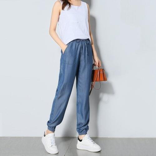 Womens Loose Fit Harem Pants Ice Silk Pants Summer Jeans Female Streetwear Pocket Elastic Jeans Trousers Loose Pants