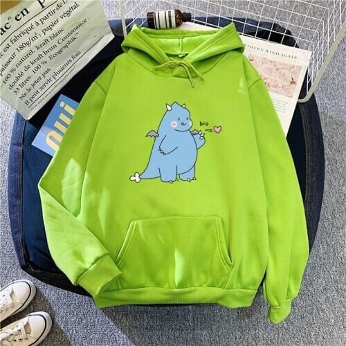 Women Korean Style Hoodies Fashion Dinosaur Printed Long Sleeve Oversized Hooded Pullover 2021 Lady Casual Sweatshirt Coat Cloth