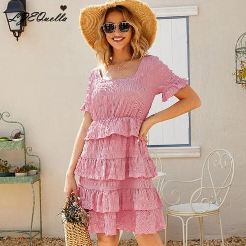 LZEQuella Women Square Collar Pink Mini Dress Spring Summer Ruffles Pleated High Waist A Line Party Club Holiday Dresses NZ3520
