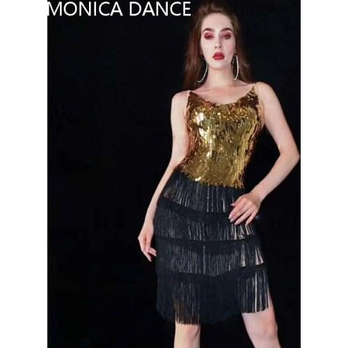 Women Sexy Stage Nightclub Gold Sequins Mesh Black Tassel Dress Birthday Celebration See Through Dress Prom Singer Dance Costume