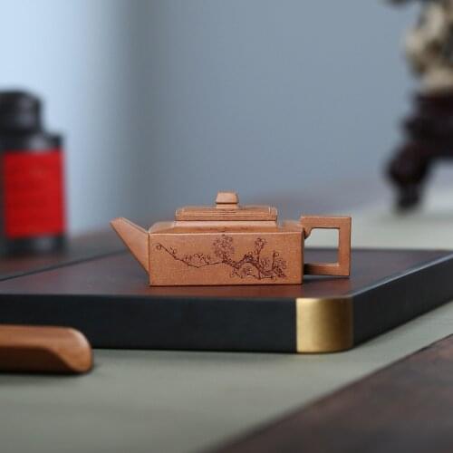 190CC Chinese Yixing Square Tea Pot Handmade Purple Clay Xiehuang DuanNi Zisha Teapot by Huang Dongling