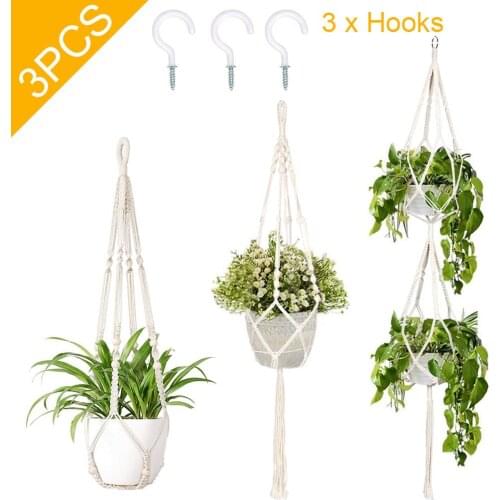 OurWarm 3 Pack Plant Hanger Hanging Plant Holder with 3pcs Hooks Handmade Cotton Basket Stand Flower Pot Holder Wall Home Decor