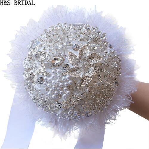 H&S BRIDAL European Style White Lace Wedding Flowers Bridal Bouquets With Crystal Pearls Ramo Boda Bridesmaid Flower Bouquet New