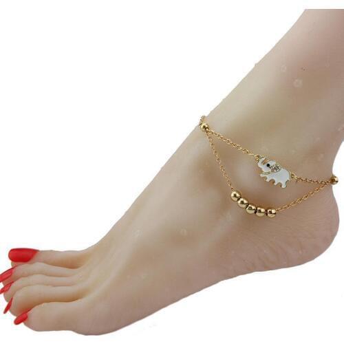 Sexy Elephant Gold Anklet With Beads Animal Double Chain For Leg Ankle Bracelet Women Fashion Foot Jewelry Pulseras Tobilleras
