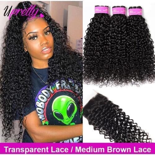 Upretty Brazilian Curly Bundles With Closure HD Transparent Lace Closure With Bundles Human Hair Weave 3 Bundles With Closure