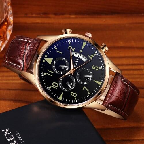 Mens luxury brand watch classic golden calendar mens leather watch relogio masculino quartz watch luminous popular satie hour