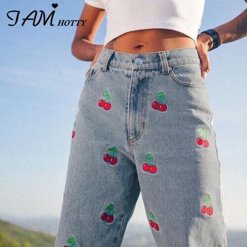 Cherry Embroidery Y2K Pencil Jeans Women Loose High Waist 90s Aesthetic Girls Denim Streetwear Baggy Outfits Pants 2020Iamhotty