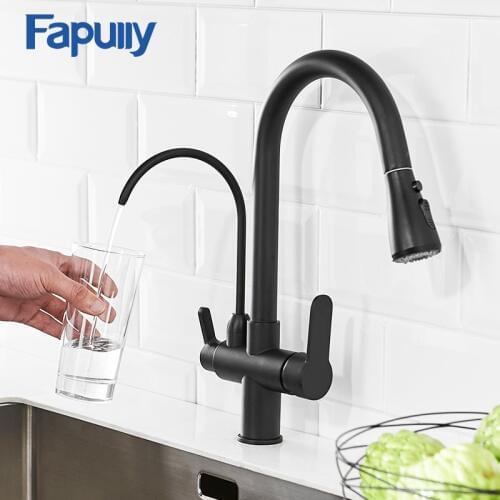 Fapully Kitchen Faucet Filter Water Sink Black Brass Pull Down Dual Sprayer Nozzle Torneira Swivel Water Outlet Mixer Tap 1030