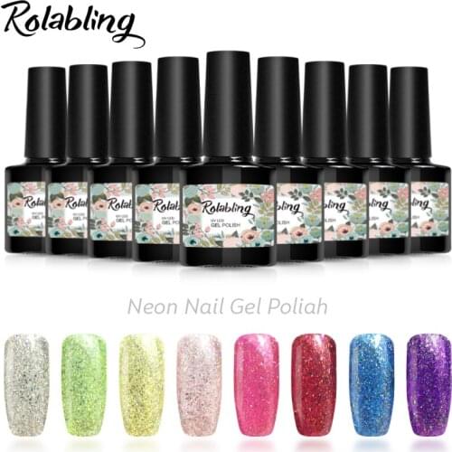Rolabling Rainbow 8 Colors 10ML Neon Nail Gel Polish Long Lasting Glitter Gel Nail Art Gel Lacquer Glue Vernis Soak Off