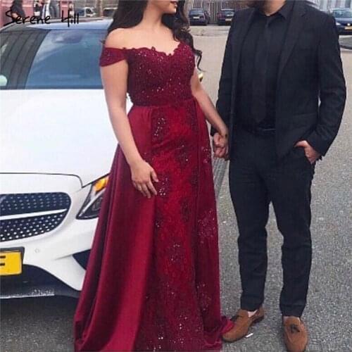 Wine Red Off Shoulder Lace Evening Dresses 2020 Mermaid Crystal Beading Sleeveless Formal Dress Serene Hill DLA6565