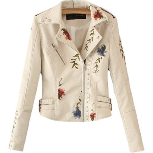 Spring Autumn Women Leather Jacket Lady Floral Embroidery New Fashion Coat Turn-down Collar Motorcycle PU Jacket Female