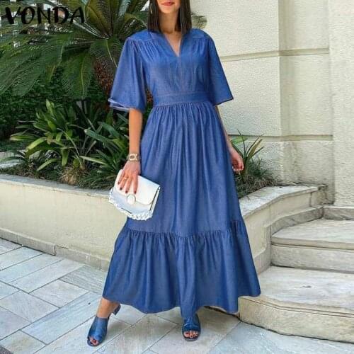 Pure Dress VONDA Summer Half Sleeve V Neck Pleated Party Denim Dresses Women Bohemian Vestidos Femme Loose Sundress Kleid