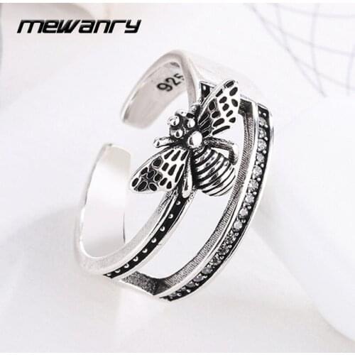 Mewanry 925 Sterling Silver Zircon Bee Rings Vintage Hollow Accessories Elegant Sweet Trend Party Jewelry Girls Gifts Wholesale