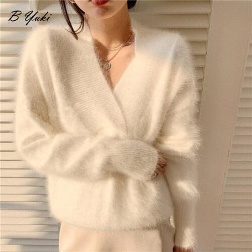 Blessyuki Fashionable Gentle Celebrity Solid V-neck Sweater Women Oversized Casual Elegant Simple Pullover Cute Furry Jumper