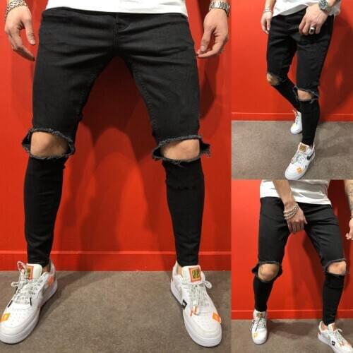 Summer new hip-hop style knee hole wash water distressed solid color thin men jeans male pencil pants men denim trousers
