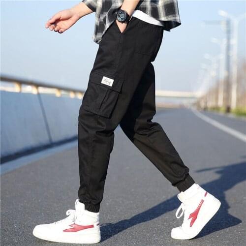 Fashion 202 mens Korean trend spring elastic waist wild loose cargo streetwear hiking sports beam feet casual overalls trousers