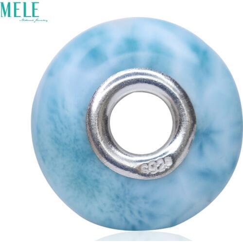 Natural Larimar Hairstone Flat Bead Hanging Bracelet with Beads 925 Silver Blue Larimar Gift
