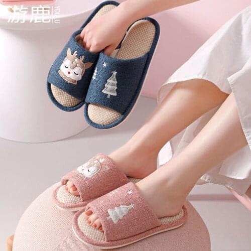 New Christmas Cartoon Linen Shoes Cute Couples Indoor Soft Sandals Non-slip Woman Summer Slippers Zapatos De Mujer