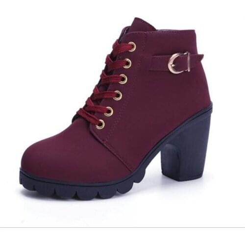 Autumn high heel belt buckle womens shoes thick heel short boots round toe Martin boots lace up and naked boots knight boots