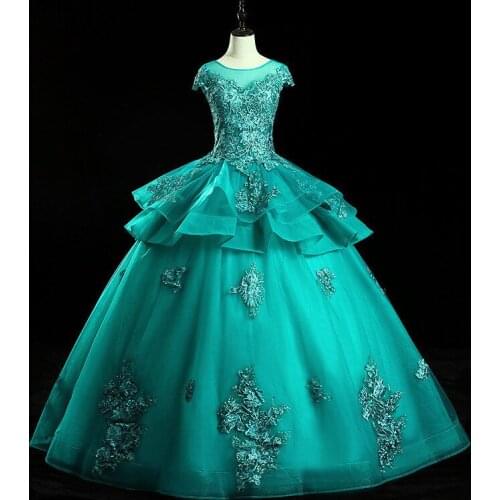 2020 Malachite Green Flowers Ball Gown Ruffles O-Neck Quineanera Tulle Wedding Dress robe de mariee vestido de novia WD30646