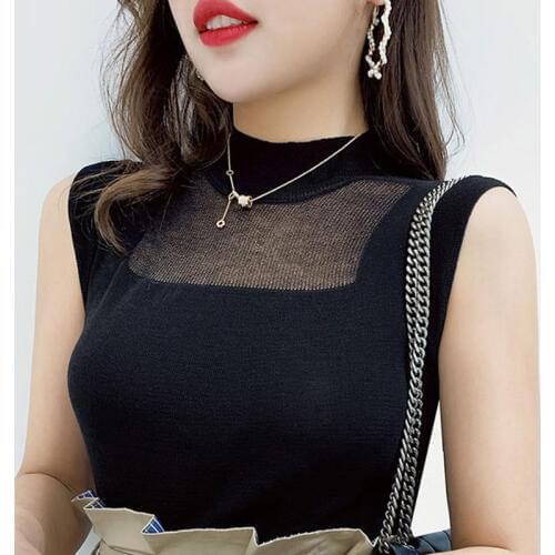 Women Spring Summer Style Knitted Blouses Shirts Lady Casual Sleeveless Turtleneck Knitted Blusas Tops DD8149