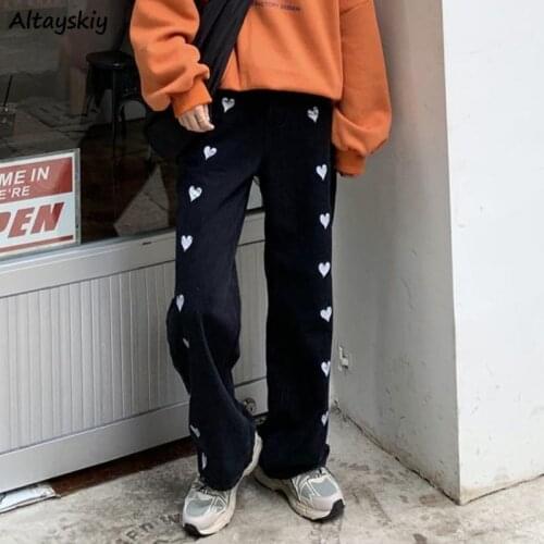 Women Jeans Couple Ulzzang Fashion Street Heart-print Casual Wide Leg High Waist Full-length Bottom Baggy College Trouser Ins
