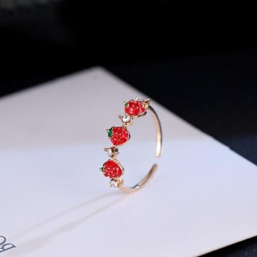 ONEVAN Rhinestones Sweet Fruit Red Strawberry Open Adjustable Finger Rings For Women Girls Party Gifts