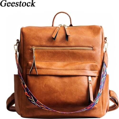 Geestock Female Backpack Large Capacity PU Leather Retro Shoulder Bag Casual Fashion School Bags College Style Backpacks