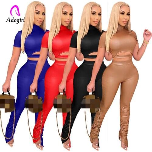 Tracksuit Solid Women Two Piece Sets 2021 Spring Lady Autumn Turtleneck Crop Tops High Waist Skinny Slit Stacked Pants Outfits