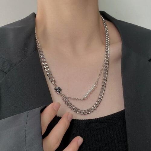 VSnow Hiphop Asymmetric Chunky Chain Simulation Pearl Pendant Necklace for Women Fashion Beaded Stainless Steel Necklace Jewelry