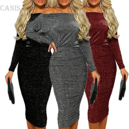 Women Metallic Glitter Long Sleeve Off Shoulder Lady Ruched Shiny Midi Dress UK