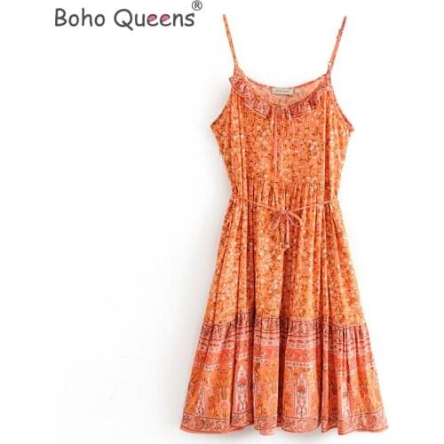 Boho Queens women print sleeveless Bohemian Spaghetti Strap mini dress Ladies Summer Boho dress vestidos