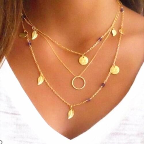 Hot Fashion Gold Color Chain Leaves Multi Layer Choker Necklace Geometric Round Necklace For Women Collier Femme Jewelry Gift