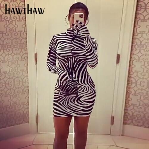 Hawthaw Women Autumn Long Sleeve Zebra Striped Printed Bodycon Package Hip Mini Short Dress Turtleneck 2020 Fall Clothes