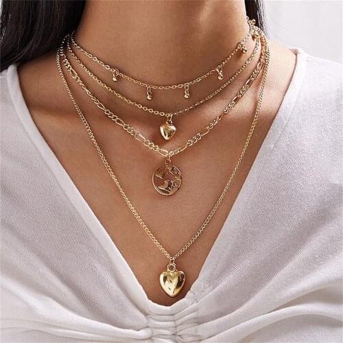 LXY-W Vintage Fashion Boho Golden Heart-shaped Round Earth Pendant Necklace For Women 2021 Multilevel Choker Chains Jewelry Gift