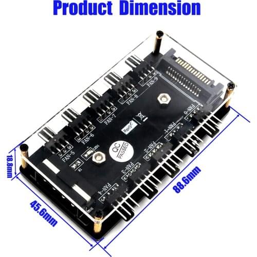 10 way Fan Splitter Hub with PMMA Case and Magnetic standoff (Power from One 4-Pin Molex or SATA 15-Pin connector)