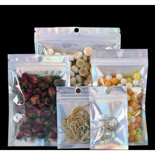100Pcs Glittery Aluminum Foil Plastic Packag Bag Clear Self Sealing Zip Lock Bags Sugar Snacks Nut Mylar Package Pouch Hang Hole