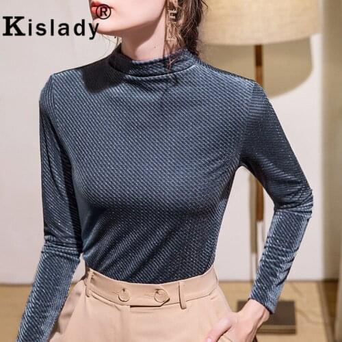 2020 Turtleneck Long Sleeve Plus Size Gothic Clothes Sexy OL Vintage Pleuche Solid Shirt Korean Winter Tops Striped Women Shirts